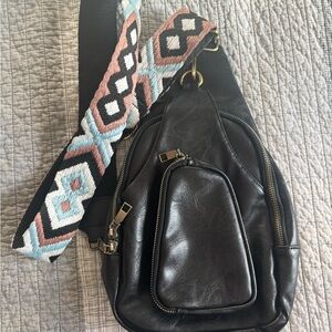 Black Sling Bag with Patterned Strap